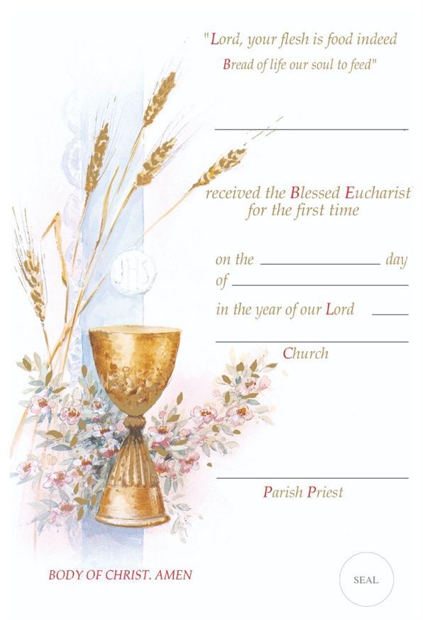 CERTIFICATE COMMUNION ON WHITE BACKING WITH GOLD CHALICE AND HOST                     - main product image