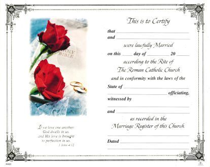 CERTIFICATE CATHOLIC WEDDING WITH GOLD FOIL EDGING AND RED ROSES  - main product image