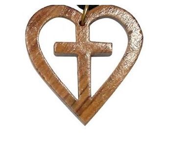 CROSS IN HEART 4CM ON CORD OLIVE WOOD - main product image