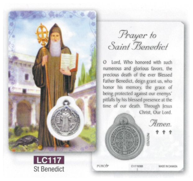 HOLY CARD LAMINATED WITH MEDAL St Benedict