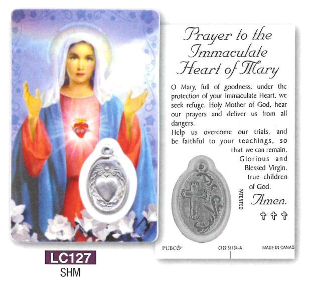 HOLY CARD LAMINATED WITH MEDAL Immaculate Heart of Mary