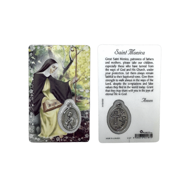 HOLY CARD LAMINATED WITH MEDAL St Monica