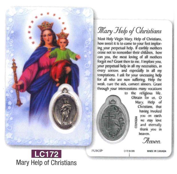 HOLY CARD LAMINATED WITH MEDAL Mary Help of Christians