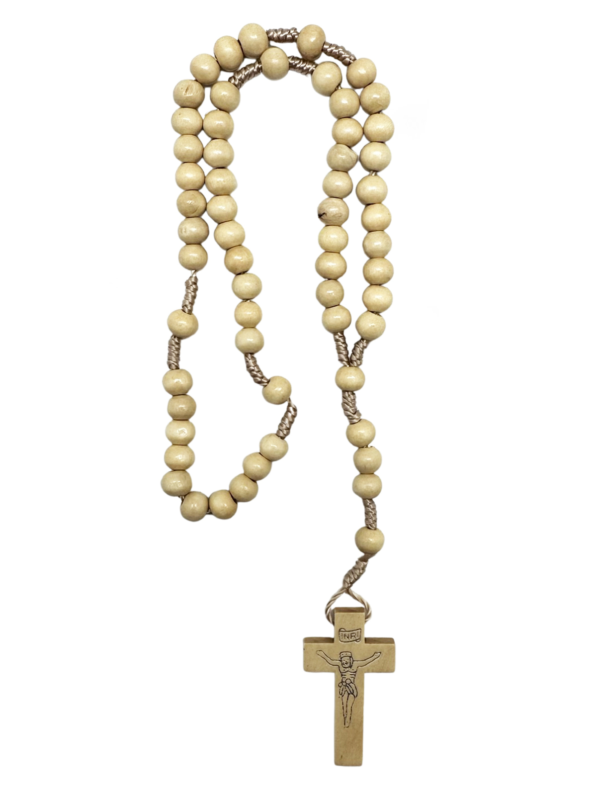 ROSARY WITH NATURAL WOOD BEADS AND ROPE CORD