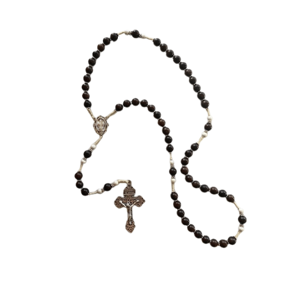 ROSARY BROWN WOOD ON WHITE CORD