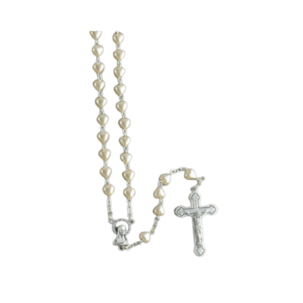 ROSARY WITH IMITATION MOTHER OF PEARL HEARTSHAPE BEADS