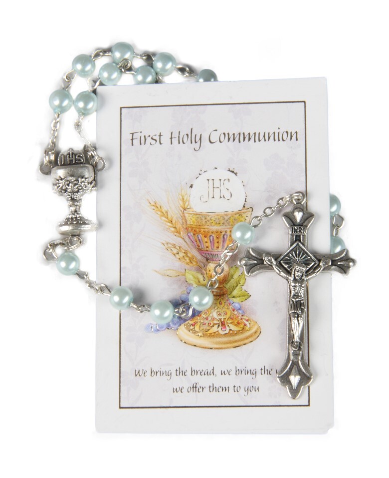 COMMUNION ROSARY PEARL BLUE WITH LEAFLET