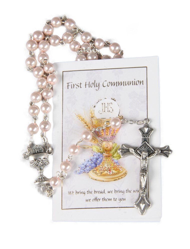 COMMUNION ROSARY PEARL PINK WITH LEAFLET