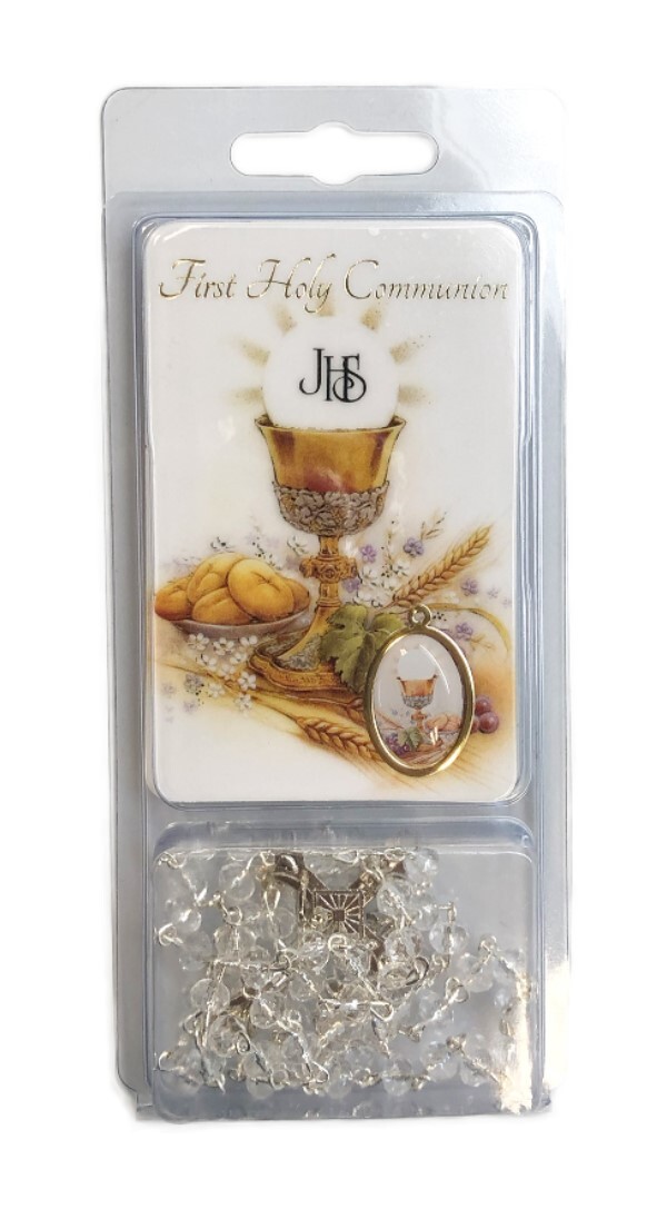 COMMUNION ROSARY & PRAYER CARD SET - CRYSTAL