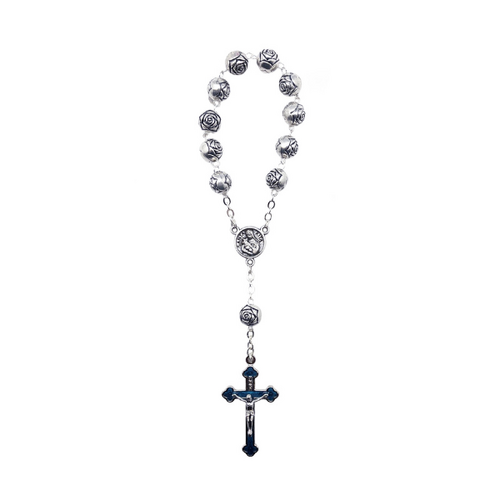 ROSARY RING WITH ROSE SHAPED BEAD ENAMEL CROSS