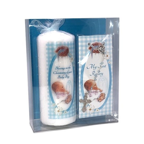 CHRISTENING CANDLE AND ROSARY SET BOY