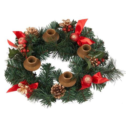 ADVENT TABLE WREATH - RED RIBBON WITH PINE CONES & CANDLE HOLDERS
