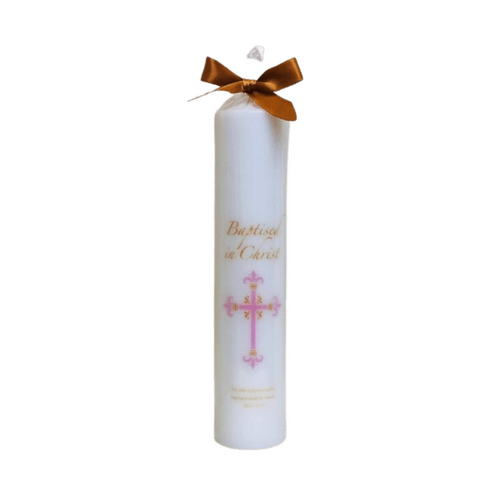 BAPTISM CANDLE 10"X2" PINK CROSS