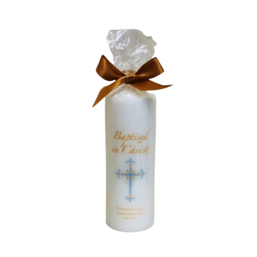 BAPTISM CANDLE 6"X2"  BLUE CROSS WITH GOLD TEXT