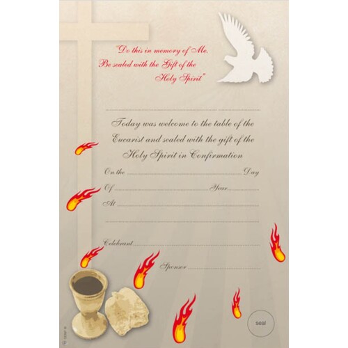 CERTIFICATE COMBINED CONFIRMATION/COMMUNION WITH IMAGES OF FIRE, BREAD, WINE AND A DOVE 