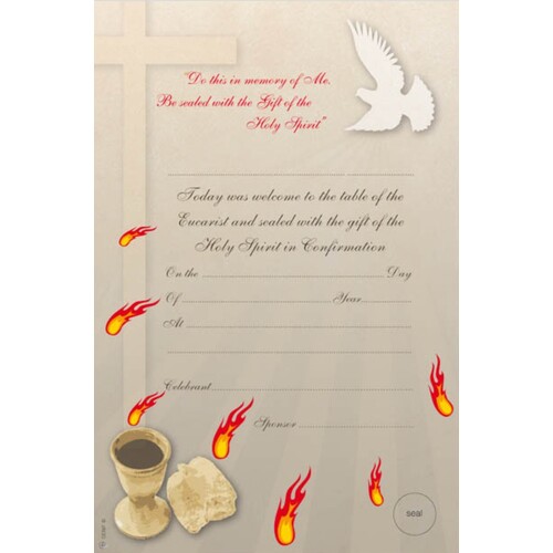 CERTIFICATE COMBINED CONFIRMATION/COMMUNION WITH IMAGES OF FIRE, BREAD, WINE AND A DOVE