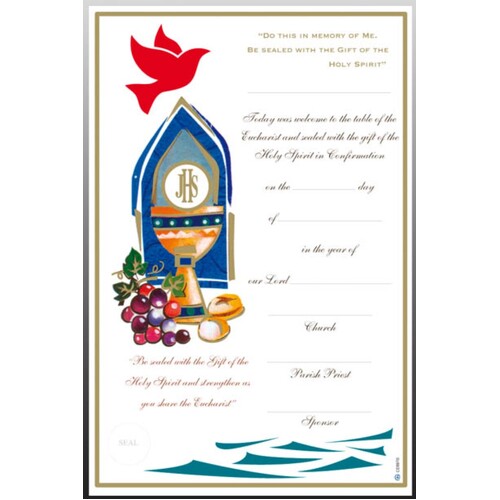 CERTIFICATE COMBINED COMMUNION/CONFIRMATION WITH IMAGE OF RED DOVE, GRAPES, BREAD AND CHALICE   