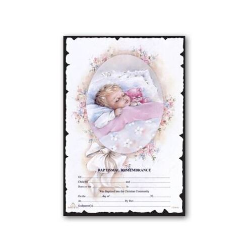 CERTIFICATE BAPTISMAL REMEMBERENCE GIRL WITH PINK EDGING