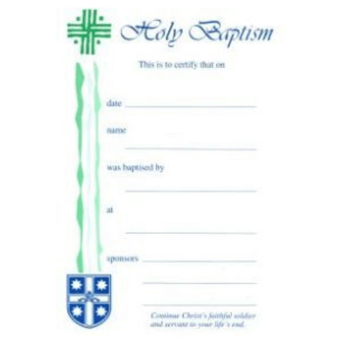 CERTIFICATE BAPTISM WITH IMAGE OF SHIELD AND CROSS  **Limited Stock**