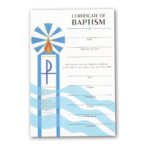 CERTIFICATE OF BAPTISM WITH BLUE IMAGES OF WATER AND A CANDLE
