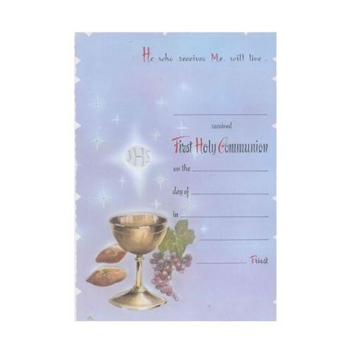 CERTIFICATE COMMUNION ON BLUE PAPER WITH IMAGE OF CHALICE, BREAD AND GRAPES 
