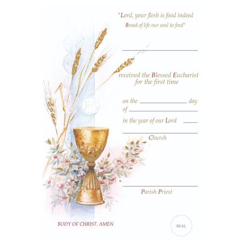 CERTIFICATE COMMUNION ON WHITE BACKING WITH GOLD CHALICE AND HOST                    