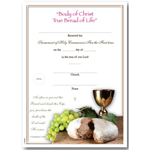 CERTIFICATE COMMUNION WITH IMAGE OF CHALICE, LOAF OF BREAD AND GRAPES 