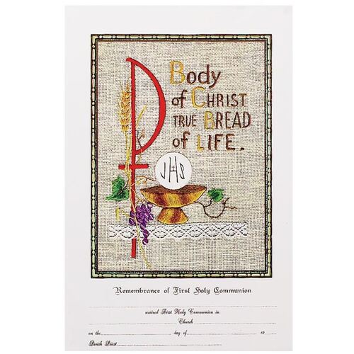 CERTIFICATE COMMUNION WITH CROSS STITCHED IMAGE OF CHALICE, BREAD, WHEAT AND GRAPES  