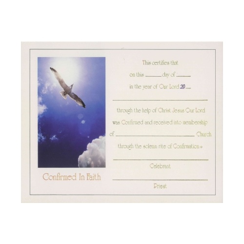 CERTIFICATE CONFIRMATION 'CONFIRMED IN THE FAITH' ON WHITE PAPER WITH IMAGE OF DOVE