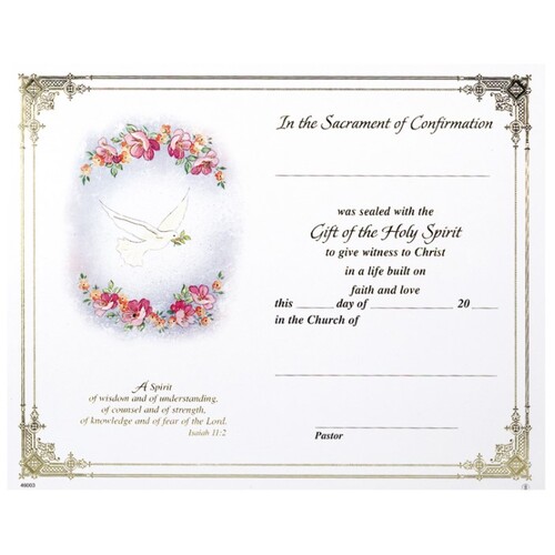 CERTIFICATE CONFIRMATION WITH GOLD FOIL EDGING AND A DOVE CARRYING AN OLIVE LEAF