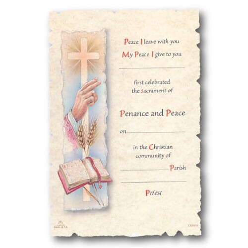 CERTIFICATE RECONCILIATION ON PARCHMENT PAPER WITH IMAGE OF CROSS, BIBLE AND WHEAT             