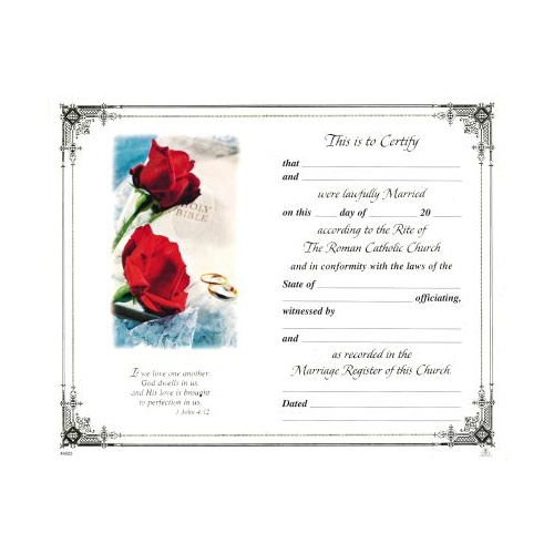 CERTIFICATE CATHOLIC WEDDING WITH GOLD FOIL EDGING AND RED ROSES **Limited Stock**