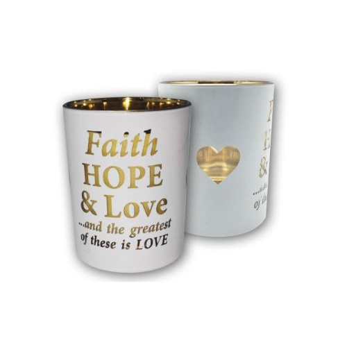 GLASS VOTIVE CANDLE HOLDER - FAITH, HOPE & LOVE 