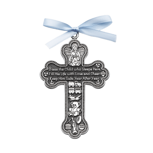 CRIB CROSS WITH BLUE RIBBON - BLESS THIS CHILD