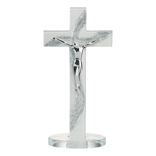 MURANO GLASS STANDING CRUCIFIX - SILVER 160MM