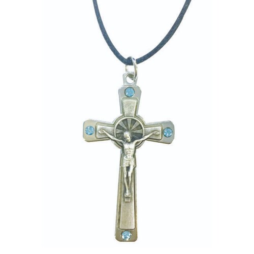 SILVER METAL CRUCIFIX ON CORD - BLUE