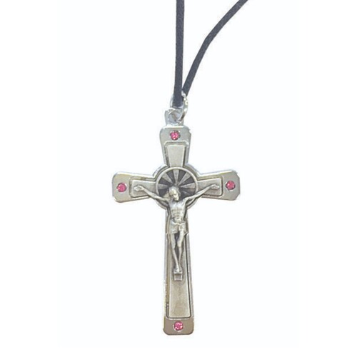 SILVER METAL CRUCIFIX ON CORD - PINK