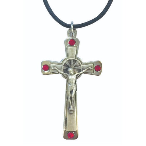 SILVER METAL CRUCIFIX ON CORD - RED