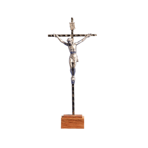 STANDING CRUCIFIX ON WOOD BASE 16cm X 7cm