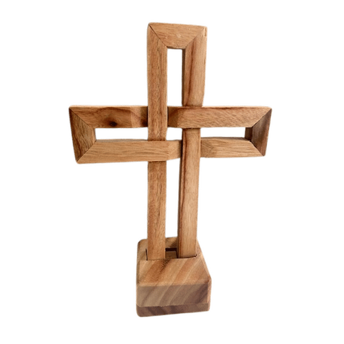 Wooden Over Under Cross on Stand Small