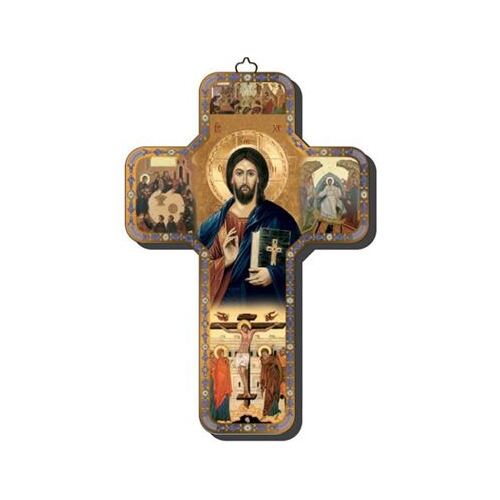 WOODEN CROSS FOILED ICON CHRIST THE TEACHER 18cm