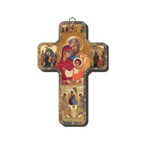 WOODEN CROSS FOILED ICON HOLY FAMILY 18cm *DUE MARCH 2020*