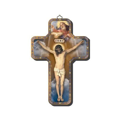 WOODEN CROSS FOILED ICON CRUCIFIXION CLOUDS 18cm