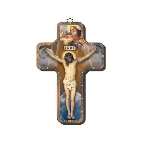 WOODEN CROSS FOILED ICON CRUCIFIXTION CLOUDS 18cm