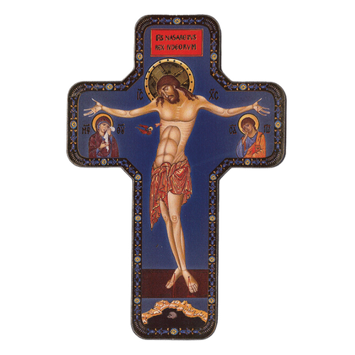 WOODEN CROSS FOILED ICON CRUCIFIXION BLUE 18cm
