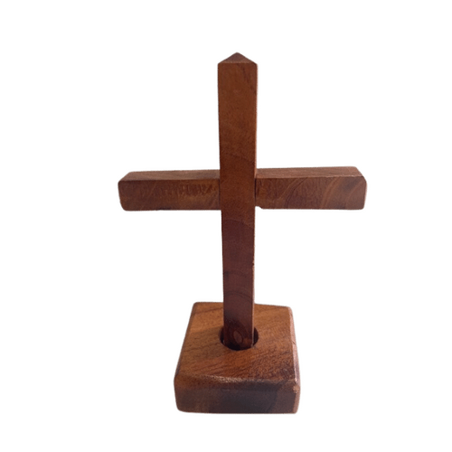 WOODEN CROSS ON STAND 13CM