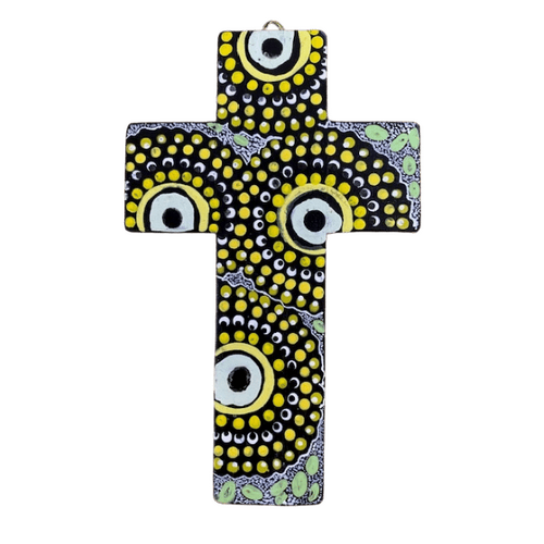INDIGENOUS CROSS HAND PAINTED 15CM H