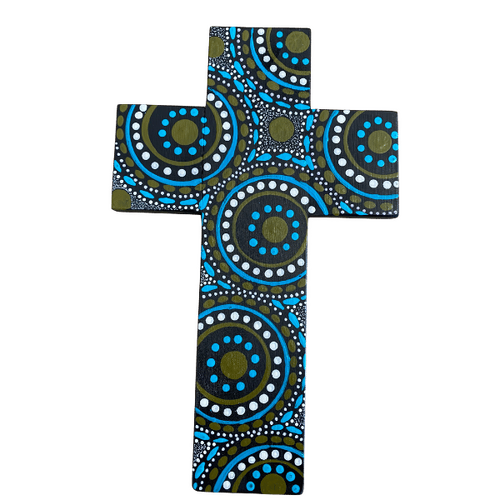 INDIGENOUS CROSS HAND PAINTED 20CM WW
