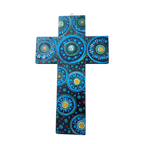 INDIGENOUS CROSS HAND PAINTED 30CM JJJ2