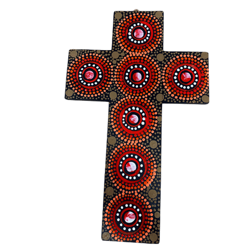 INDIGENOUS CROSS HAND PAINTED 30CM OOO2